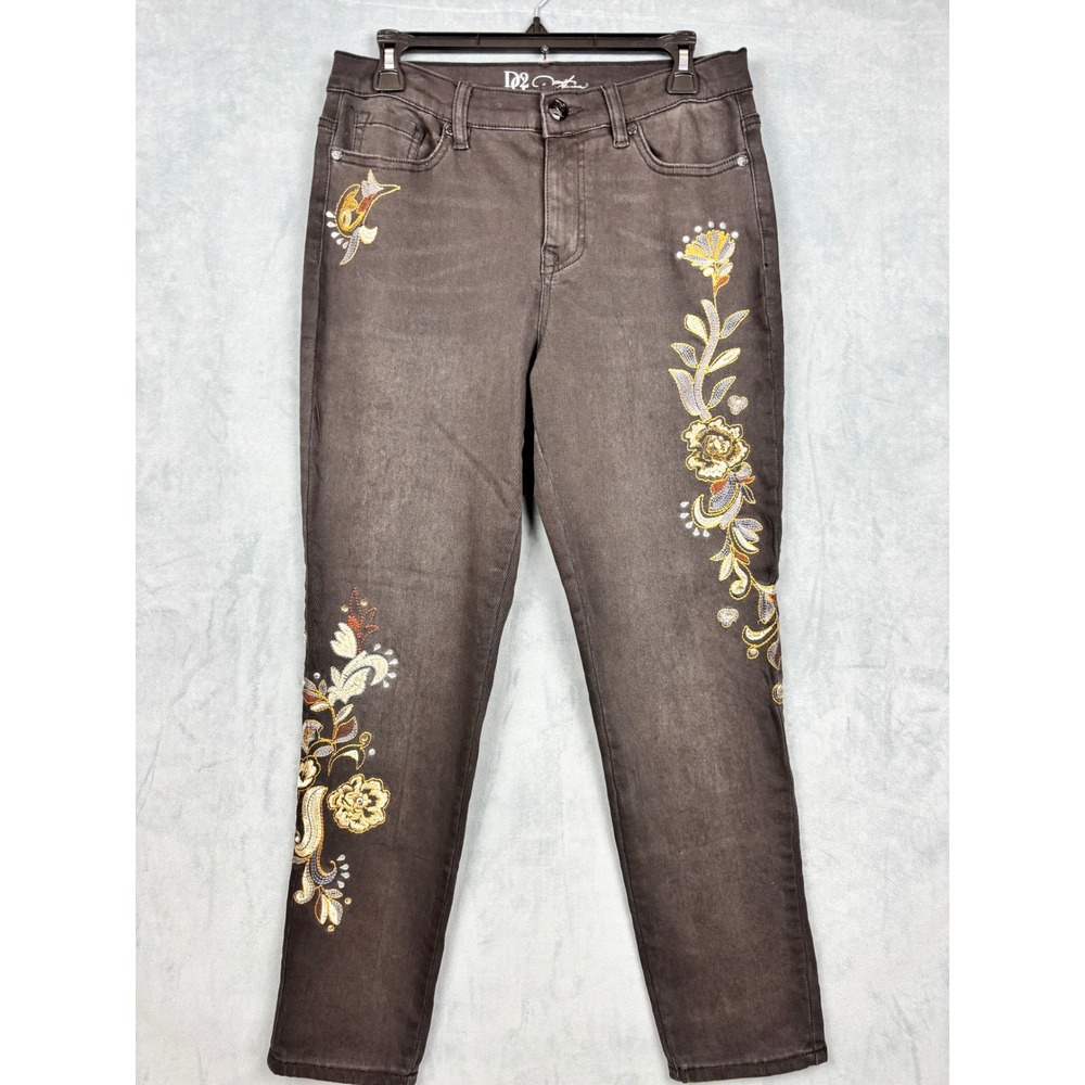 DG2 Diane Gilman Embroidered Floral Skinny Jeans Black Faded Stretch 10P Petite